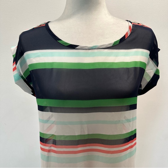 A’Gaci Striped Sheer Lightweight Cuffed Sleeve Blouse Size Small Summer Colors - Picture 4 of 10